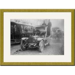   Automobile juxtaposed with Trolley Car And Horse