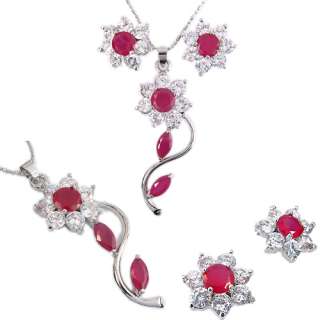 WEDDING Gift Red Ruby W Gold KGP Pendant Earrings Necklace Chain Set 