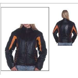   Black & Orange Leather Motorcycle Jacket, Sidelaces & Zip Out Lining