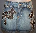 Kippys Denim Skirt w/ Swarovski Crystal/Leather Iron Cross 