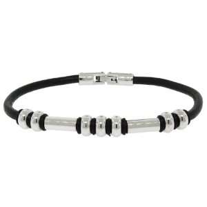   Steel High Shine Round and Tube Beads on Black Leather Band Bracelet