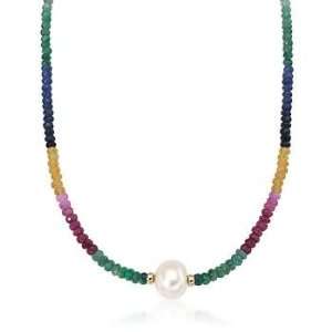    13mm Cultured Pearl, Multicolored Sapphire Necklace In Gold Jewelry