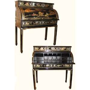   wide shiny black Oriental lacquerware roll top desk: Home & Kitchen