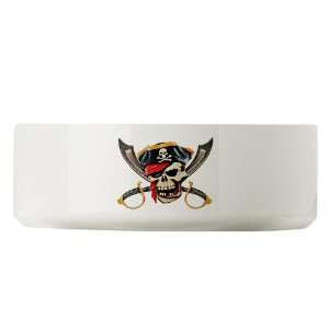 Large Dog Cat Food Water Bowl Pirate Skull with Bandana Eyepatch Gold 