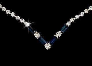 Silver Navy Blue Crystal V Shaped Necklace Earring Set  