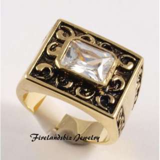 Mens Ring 14K Gold Overlay Clear CZ Size 9 to 14  