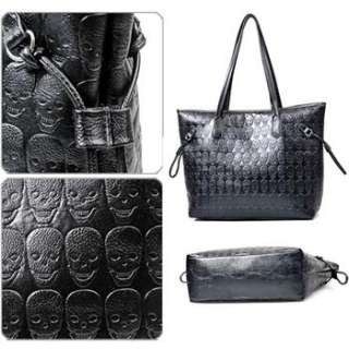 Fashion Womans Black PU Leather Handbag Tote Skull Printings Shoulder 