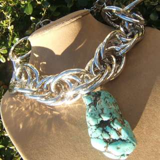 BLUE TURQUOISE SUPER CHUNKY NECKLACE EARTH THICK FACETED SILVER CHAIN 
