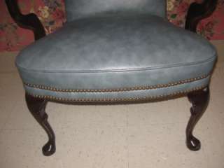   Hickory NC Blue Leather Upholstery Wing Back Chair Brass Nailheads