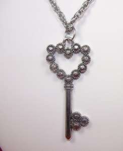   Dark Silver 2.5 Heart Skeleton Key Necklace 30 Chain Diamante  