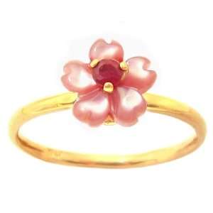 14K Yellow Gold Pink Mother of Pearl Exotic Blossom Stackable Ring 