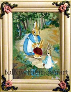 Bunny Rabbit Mother & babies Original Painting in white frame Vintage 