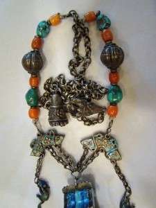 ANTIQUE CHINESE SILVER CORAL TURQUOISE ENAMEL PAGODA BELLS RATS 