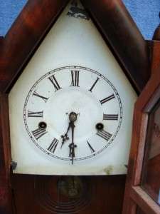 ANTIQUE AMERICAN WATERBURY SHARP GOTHIC STEEPLE CLOCK WITH PAINTED 