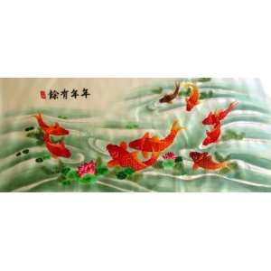  Chinese Silk Embroidery Wall Hanging 9 Fish Koi 
