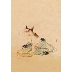  Vintage Art Japanese Cat Bathing   01628 0