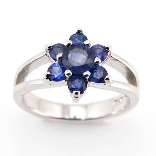 925 Sterling Silver Flower Ring Natural Round Blue Sapphire Gemstone 4 