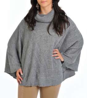 Womens Cowl Neck Cable Knit Cape Poncho Top in Grey Brown and Black 