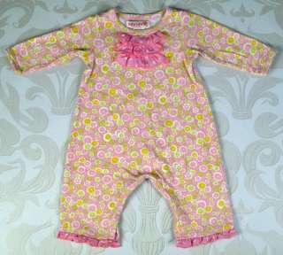 EUC Boutique Baby Lulu Thora Ruffle Romper Pink/Green Floral 3M/6M 