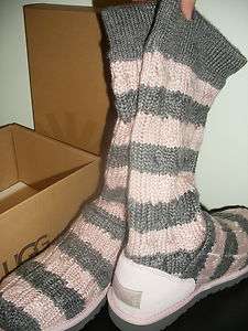   UGG CLASSIC TALL STRIPE CABLE KNIT BOOTS 5822 PINK/GRAY 5 6 7 8 9 10