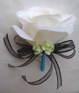   Bouquet Bridal Silk flowers TURQUOISE BLUE GREEN CREAM BLACK 17pc