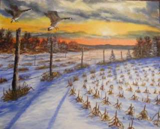 Original Hunting Art acrylic painting Canada Geese farm landscape on 