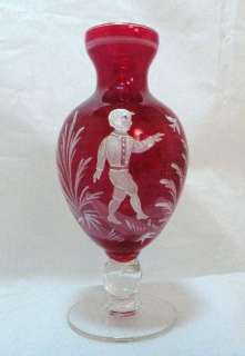 Red Glass Footed Mary Gregory Vase  