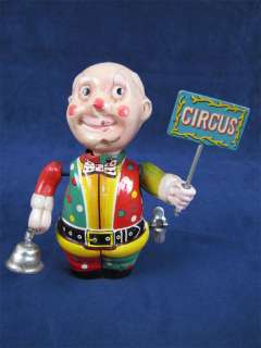 Vintage Tin WindUp Circus Clown with Bell Litho Japan  
