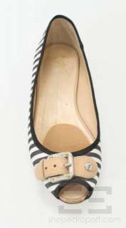 Giuseppe Zanotti Black & White Stripe Buckle Open Toe Flats Size 37.5 
