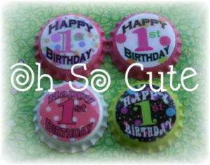 OhSoCute Happy 1st Birthday Bottle Caps, Sealed, 4 bows  
