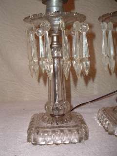 Pair Vintage Glass Hurricane Boudoir Lamps w Prisms  