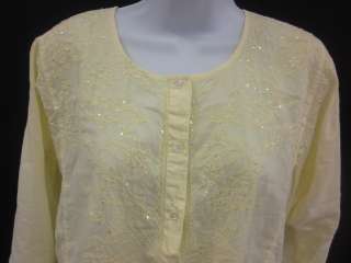 CALYPSO Yellow Cotton Sequin Sheer Tunic Top Sz L  