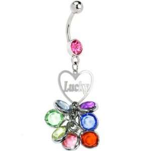  Pink Gem Beaded Lucky Heart Charm Dangle Belly Ring 