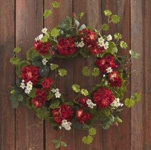 NEW RAZ Imports Red Geranium Wreath w white flowers  