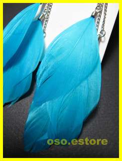 Natural 3 Tiers Blue Hand made Feather Dangle Earrings Free shipping 