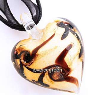 Gold Foil Black Heart Lampwork Glass Pendant Necklace  