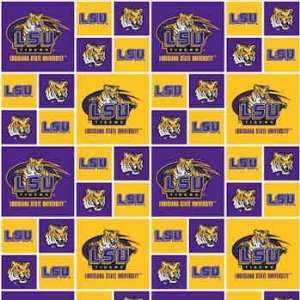 LSU20 Louisiana State University Purple and Gold Block Print Fabric By 