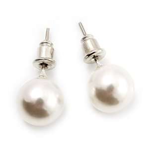  White Lustrous Faux Pearl Stud Earrings (Silver Tone Metal 