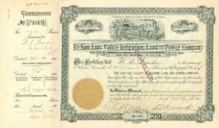 San Luis Valley Irrigation, Land Co Stock Certificate  