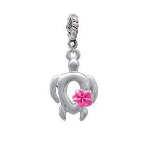 Open Sea Turtle with Hot Pink Plumeria Flower Silver Plated European 