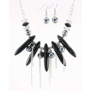 Black Marble Tribal Beads and Pearl Chain Drop Necklace and Earrings 