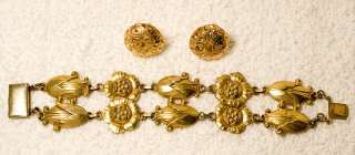   antique bracelet earrings ornate old gold colored metal bracelet
