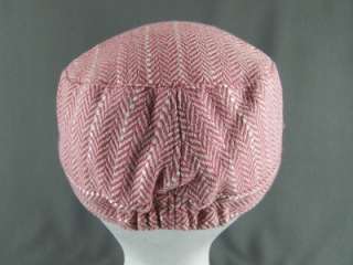 Pink White tweed plaid check hat cap cadet newsboy wool blend fabric 