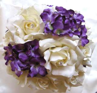 17pc Bouquet wedding flowers Decorations IVORY PURPLE  