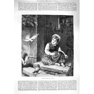    1876 Little Girl Feeding Birds Bread Breakfast Time