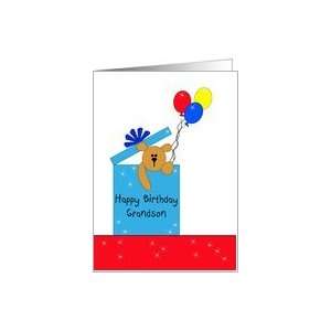 Grandson Birthday, Bear in Box with Balloons Card