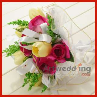 Organza Wrap Silk Tulip and Rose Bridal Bouquet Wedding Flower White 