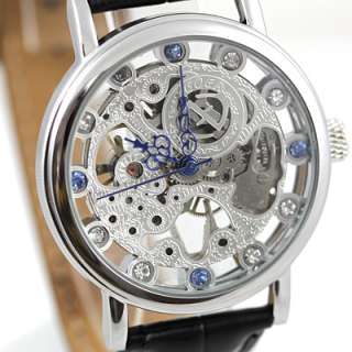   Silver Steel Skeleton Manual Mechanical Watches Blue/W Ctystal Leather