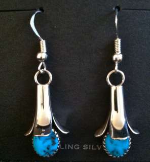 Navajo Handmade Blue Turquoise Squash Blossom Earrings  