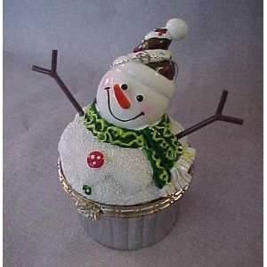 SNOWMAN CUPCAKE WITH BROWN SKI HAT AND GREEN SCARF   TRINKET BOX 